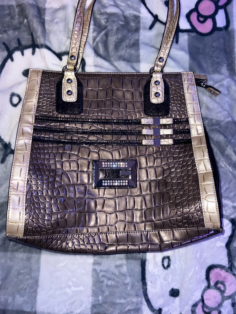 Guess Metallic Bronze Croc-Embossed Tote with Champagne Trim